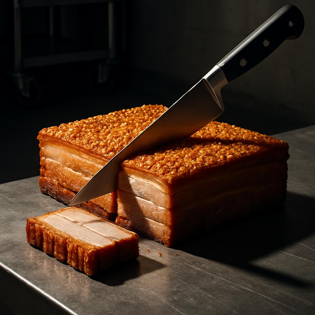 Self-inflicted food injury due to improper cooking, utility knife reflects light show caramelized red-brown pork belly den...